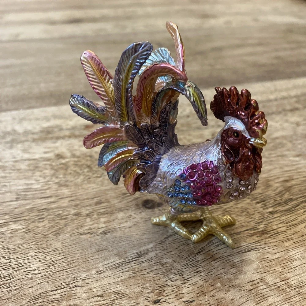 Multicolor Metal Bejewled Rooster Chicken Trinket Box Enameled Interior